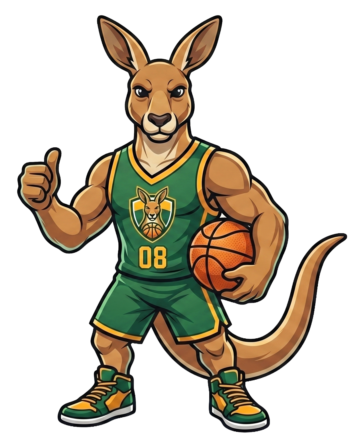 SweepSquad kangaroo mascot Roo in a green basketball jersey holding a ball