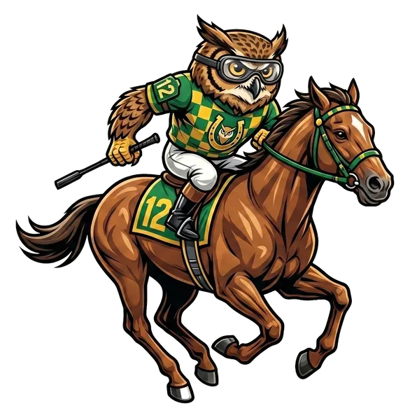 SweepSquad owl mascot in horse racing silks