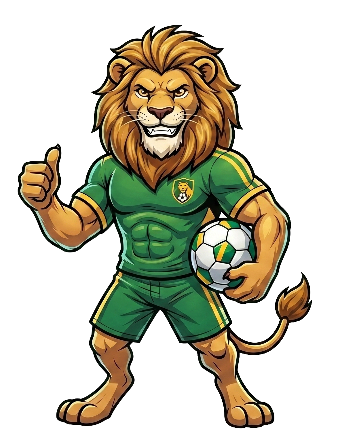SweepSquad lion mascot Leo in an emerald football kit holding a ball