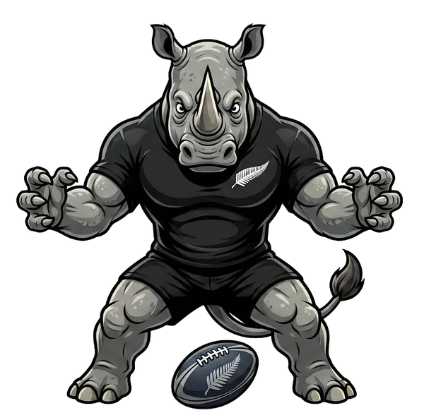 SweepSquad rhino mascot in rugby kit