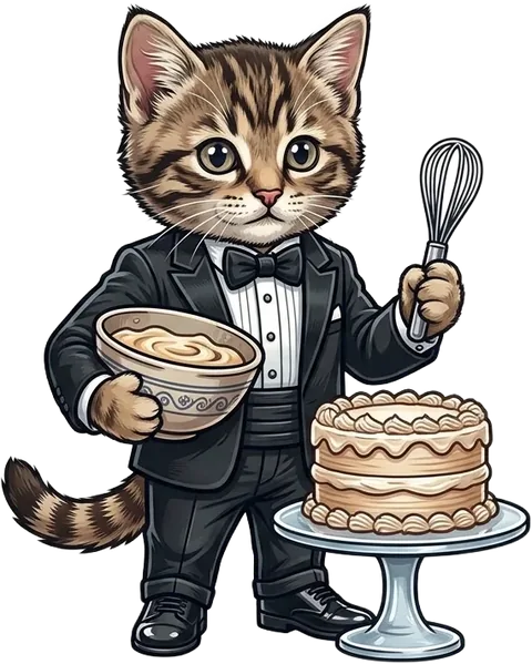 Bake Off sweepstake mascot: a cat in a tuxedo holding a whisk and a cake
