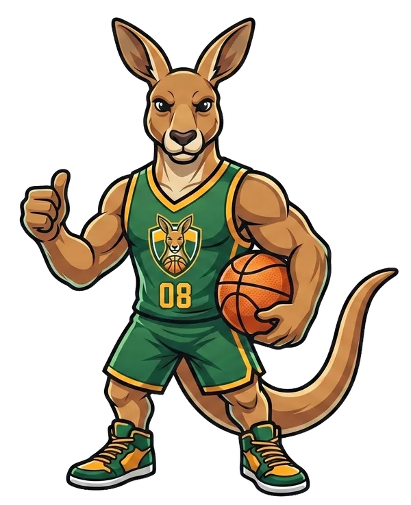 SweepSquad kangaroo mascot Roo in a green basketball jersey holding a ball
