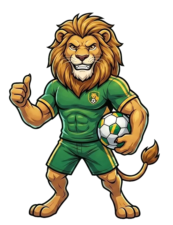 SweepSquad lion mascot Leo in an emerald football kit holding a ball